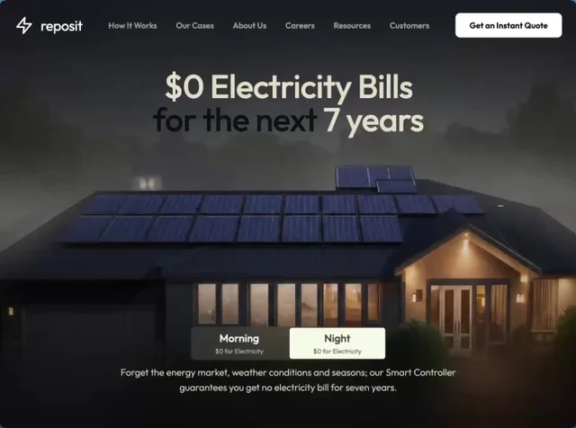 Example two-star site: solar company homepage, $0 electricity bills for the next 7 years